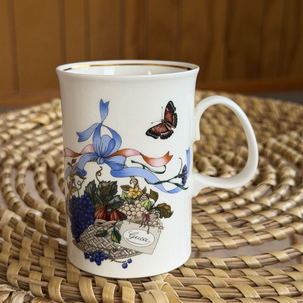 Vintage Gucci Cup Mug England Fine Bone China Floral Butterflies Gold Trim